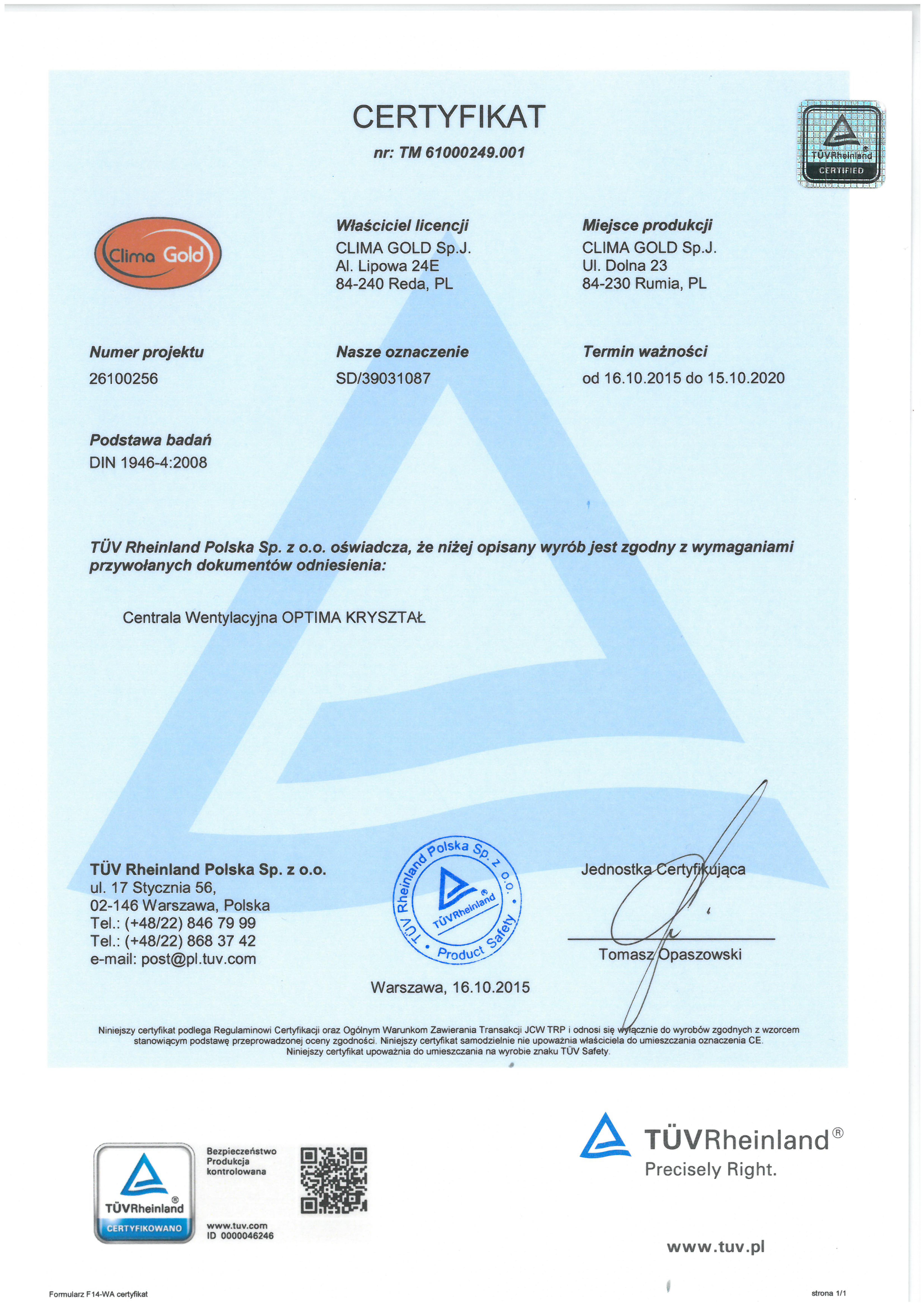 Certyfikat TÜV Rheinland