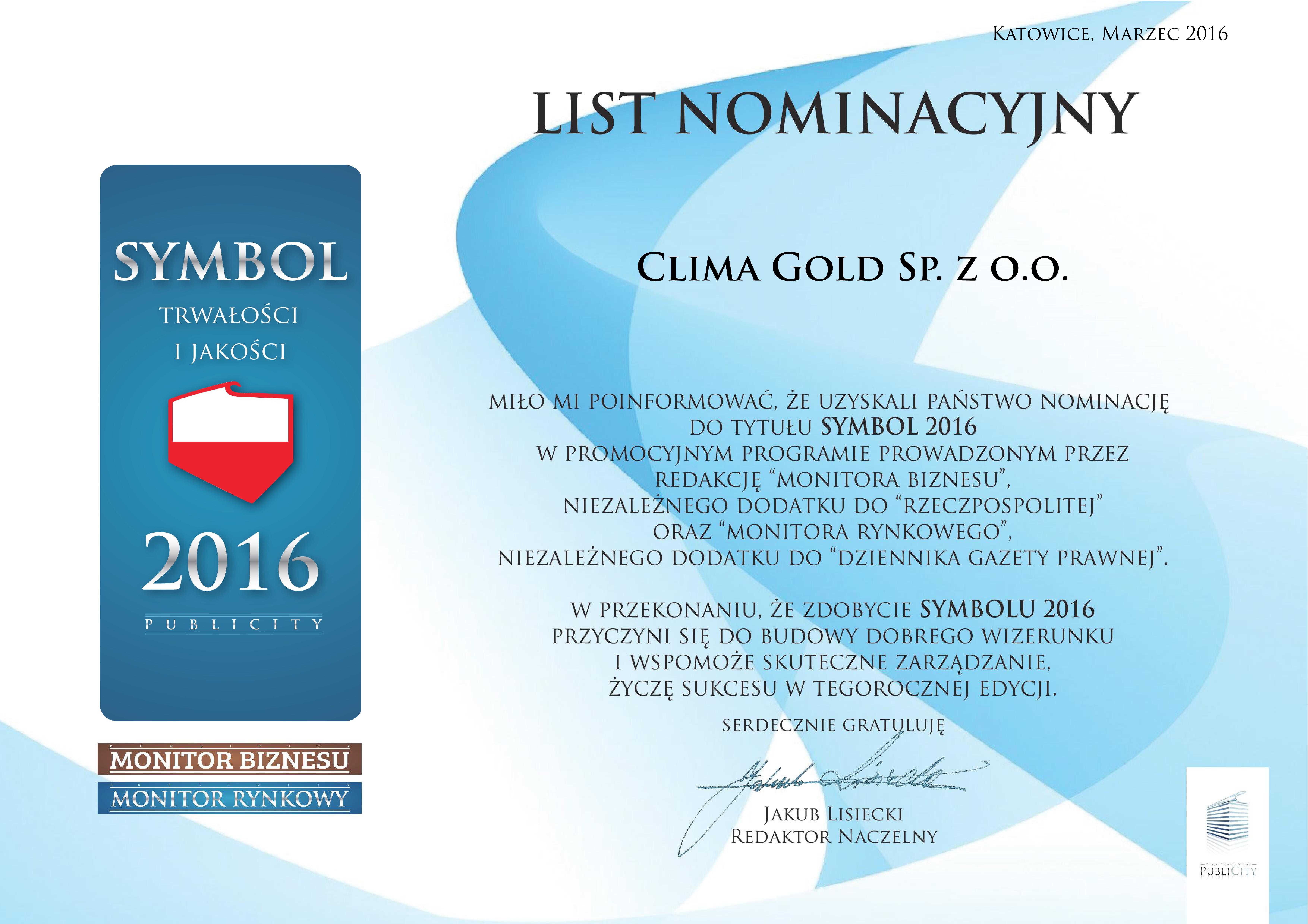 Nominacja do tytułu „Symbol 2016”