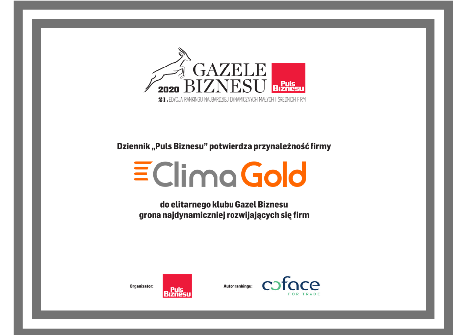 Clima Gold wśród firm nagrodzonych Gazelami Biznesu za 2020 rokB