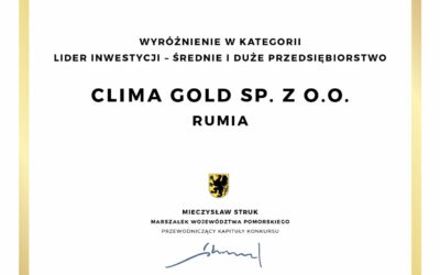 Wyróżnienie w kategorii Lidera Inwestycji Nagrody Pomorskiej Gryfa Gospodarczego dla Clima Gold